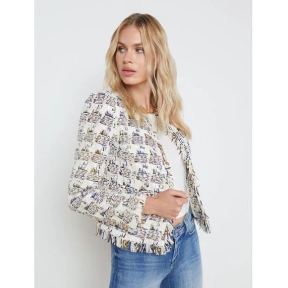L'Agence Women's Ivory Angelina Ivory Multi Tweed Plaid Jacket Blazer Size 2 US